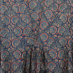 Close up of kaftan dress front side pleats and details of print.