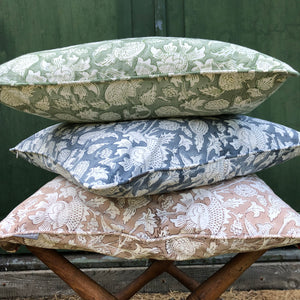 Three block printed pillows in green , blue and beige
