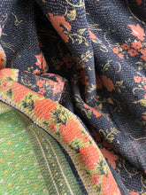 Load image into Gallery viewer, Vintage Kantha Throw Green Black Coral Flowers