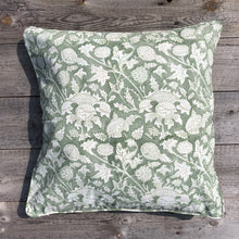 Load image into Gallery viewer, Block printed pillow in green on wooden floor