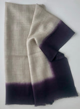 Load image into Gallery viewer, Folded light wool scarf in beige with dark purple dip dye border edge