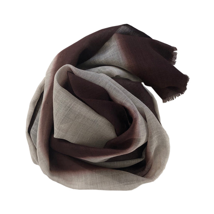 Light wool scarf in beige with dip dye borders in brown