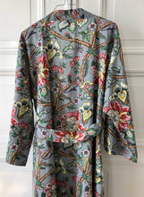 Load image into Gallery viewer, Kimono with large pink white flowers on grey ground back side