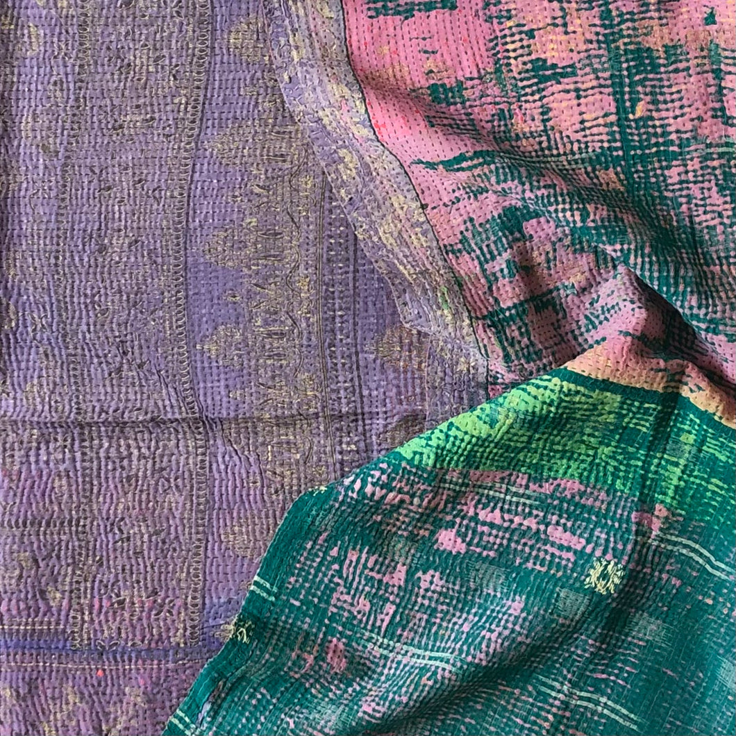 Vintage Kantha Throw Lilac Petrol Aquarell