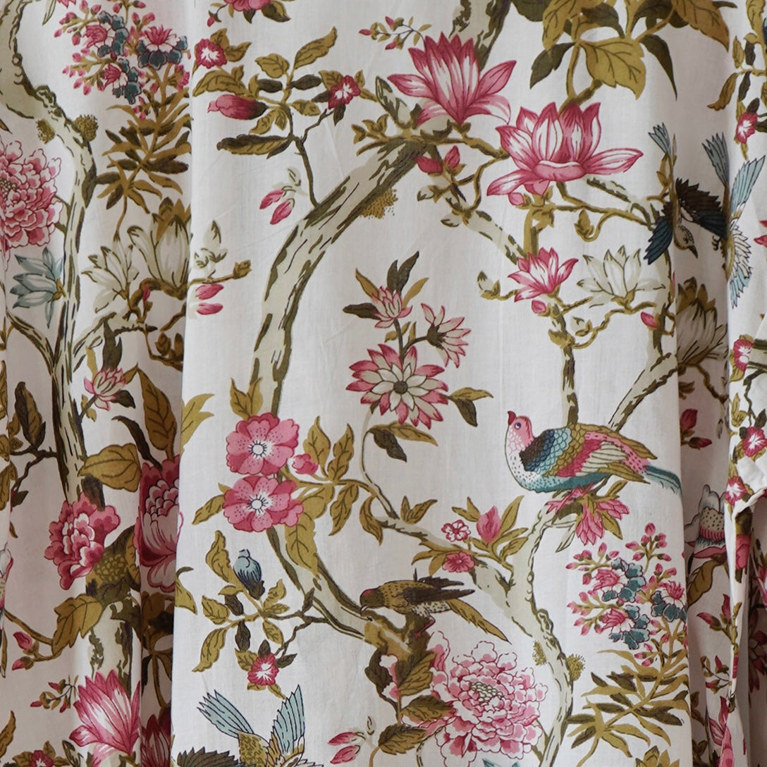Kimono robe print with flowers and birds in multi colour on white ground