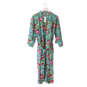 Turquoise kimono robe with red rose print