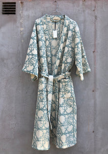 Bathrobe Waffle Block Print Aqua Blue