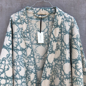 Bathrobe Waffle Block Print Aqua Blue