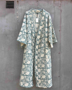 Bathrobe Waffle Block Print Aqua Blue