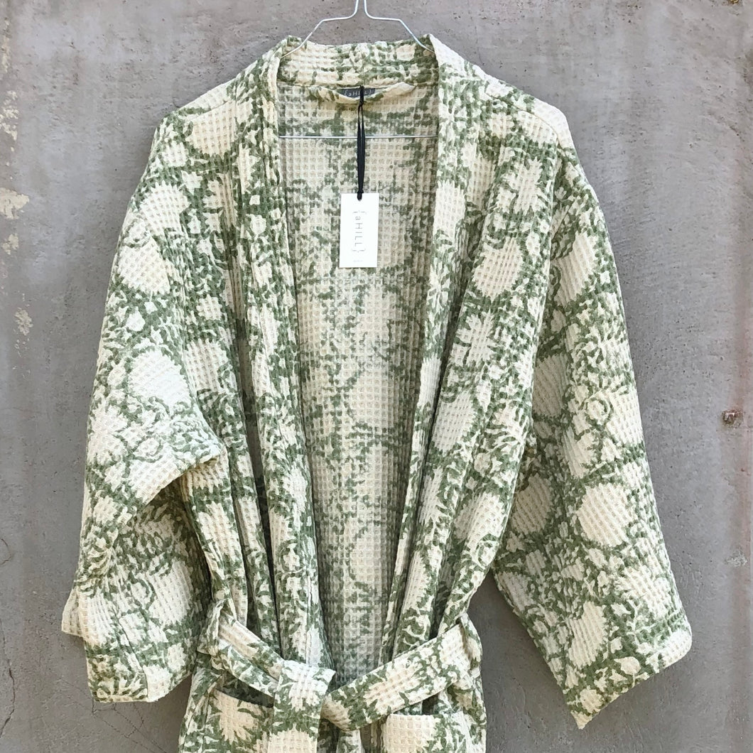 Bathrobe Waffle Block Print Sage Green