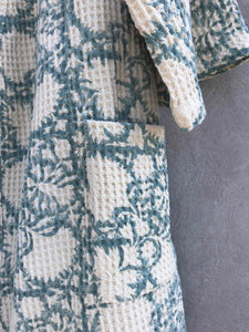 Bathrobe Waffle Block Print Aqua Blue