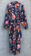 Load image into Gallery viewer, Colorful floral-patterned dark blue robe on a gray textured background