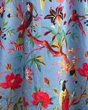 Load image into Gallery viewer, Colorful fabric pattern with birds and flowers on a blue background