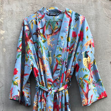 Load image into Gallery viewer, Top part of light blue kimono robe with colourful flower and bird print