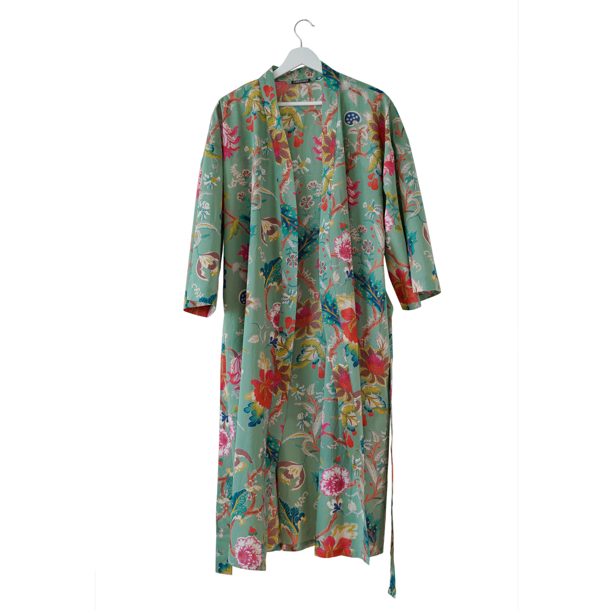 Jade green kimono robe with colourful Indian flower print