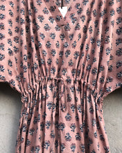 Load image into Gallery viewer, Dress Maxi Kaftan Block-Print Dusty Sand Pink Blue