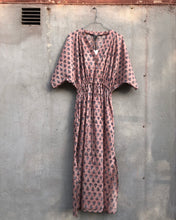 Load image into Gallery viewer, Dress Maxi Kaftan Block-Print Dusty Sand Pink Blue