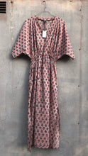 Load image into Gallery viewer, Dress Maxi Kaftan Block-Print Dusty Sand Pink Blue