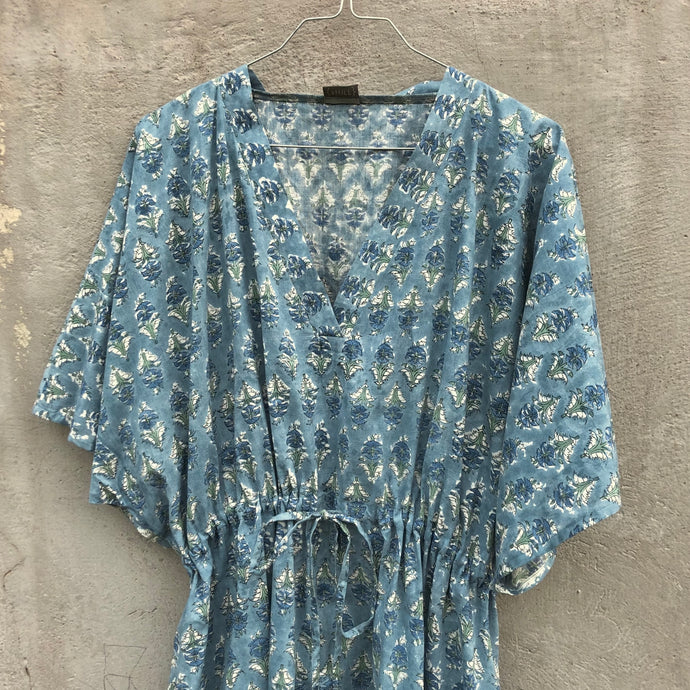 Dress Maxi Kaftan Block-Print Light Blue