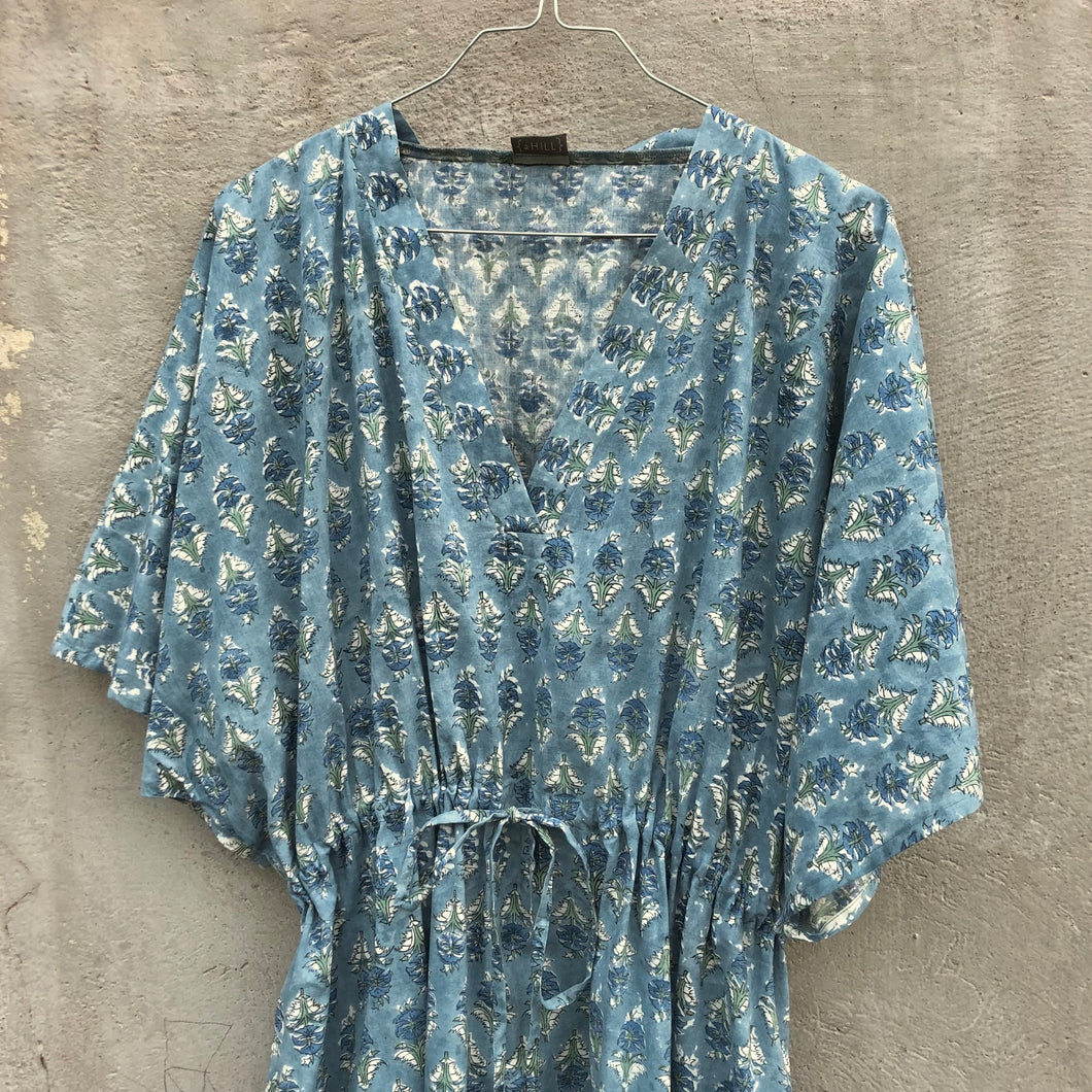 Dress Maxi Kaftan Block-Print Light Blue