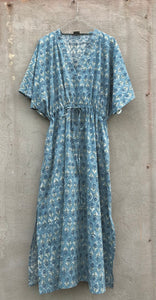 Dress Maxi Kaftan Block-Print Light Blue