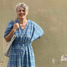 Load image into Gallery viewer, Dress Maxi Kaftan Block-Print Light Blue