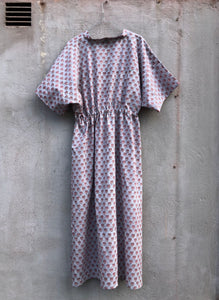 Dress Maxi Kaftan Block-Print Udaipur Dove Blue/Dusty Pink