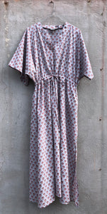Dress Maxi Kaftan Block-Print Udaipur Dove Blue/Dusty Pink