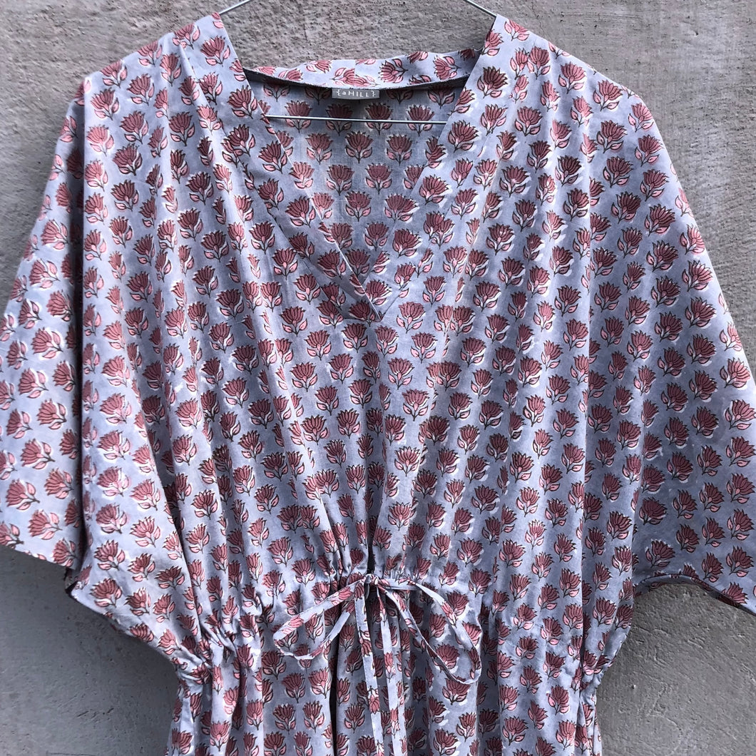 Dress Maxi Kaftan Block-Print Udaipur Dove Blue/Dusty Pink