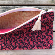 Load image into Gallery viewer,  Pouch made of red ditsy print vintage fabric with mild yellow lining 