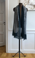 Load image into Gallery viewer, Mannequin wearing a blue and gray scarf in a room with white walls and a door.