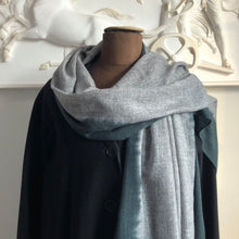 Load image into Gallery viewer, Mannequin wearing a black coat with a gray scarf in front of an ornate white wall.