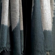 Load image into Gallery viewer, Close up of grey wool scarf with dip dye border in dark aqua colour