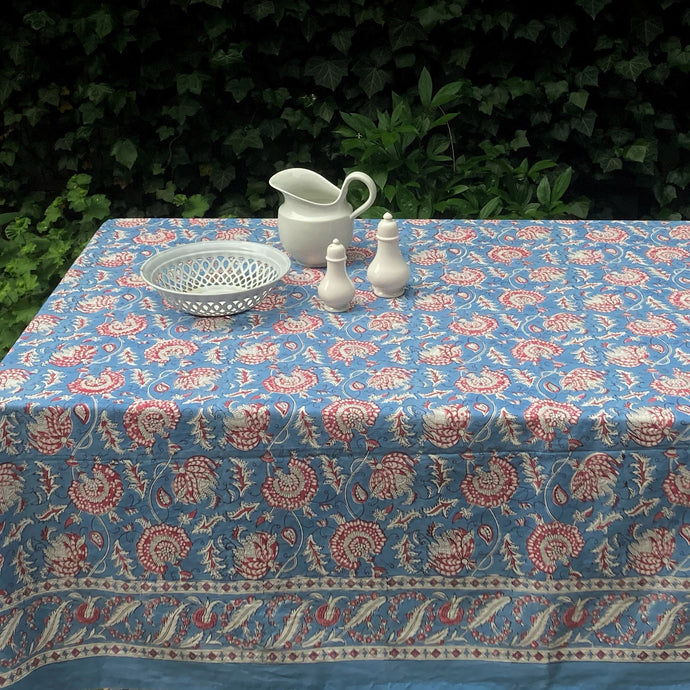 Tablecloth Block Print - Riviera Blue & Pale Red 215x270 cm