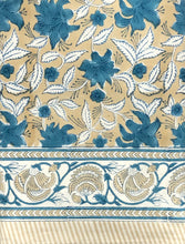 Load image into Gallery viewer, Tablecloth Block Print - Lily Cream Beige &amp; Turquoise 145x220 cm