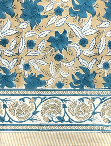 Tablecloth Block Print - Lily Cream Beige & Turquoise 145x220 cm