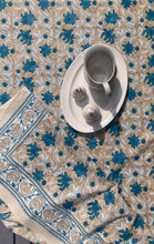 Load image into Gallery viewer, Tablecloth Block Print - Lily Cream Beige &amp; Turquoise 145x220 cm