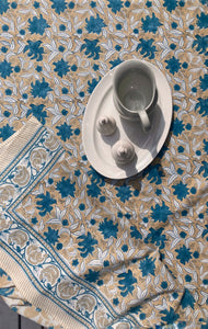 Tablecloth Block Print - Lily Cream Beige & Turquoise 145x220 cm