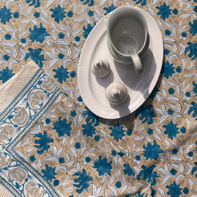 Load image into Gallery viewer, Tablecloth Block Print - Lily Cream Beige &amp; Turquoise 145x220 cm