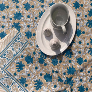 Tablecloth Block Print - Lily Cream Beige & Turquoise 145x220 cm