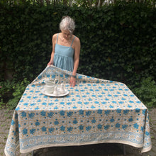 Load image into Gallery viewer, Tablecloth Block Print - Lily Cream Beige &amp; Turquoise 145x220 cm