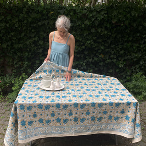 Tablecloth Block Print - Lily Cream Beige & Turquoise 145x220 cm
