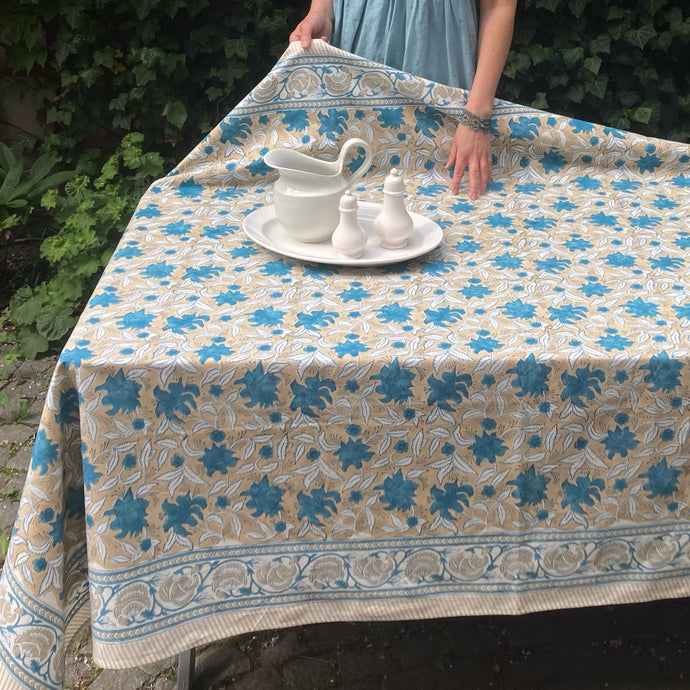 Tablecloth Block Print - Lily Cream Beige & Turquoise 145x220 cm