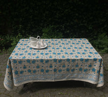 Load image into Gallery viewer, Tablecloth Block Print - Lily Cream Beige &amp; Turquoise 145x220 cm