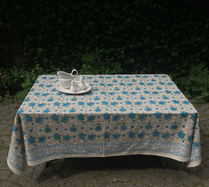 Tablecloth Block Print - Lily Cream Beige & Turquoise 145x220 cm