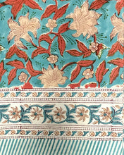Load image into Gallery viewer, Tablecloth Block Print - Lily Turquoise &amp; Red 145x220 cm