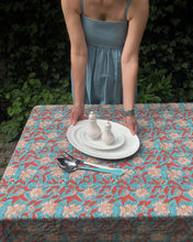 Load image into Gallery viewer, Tablecloth Block Print - Lily Turquoise &amp; Red 145x220 cm