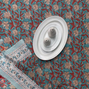 Tablecloth Block Print - Lily Turquoise & Red 145x220 cm