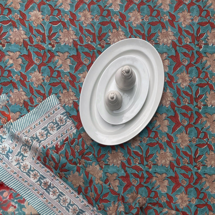 Tablecloth Block Print - Lily Turquoise & Red 145x220 cm