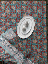 Load image into Gallery viewer, Tablecloth Block Print - Lily Turquoise &amp; Red 145x220 cm